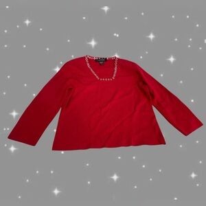 Vintage Y2K Red Ribbed 3/4 Sleeve Blouse with Silver Eyelet Detail